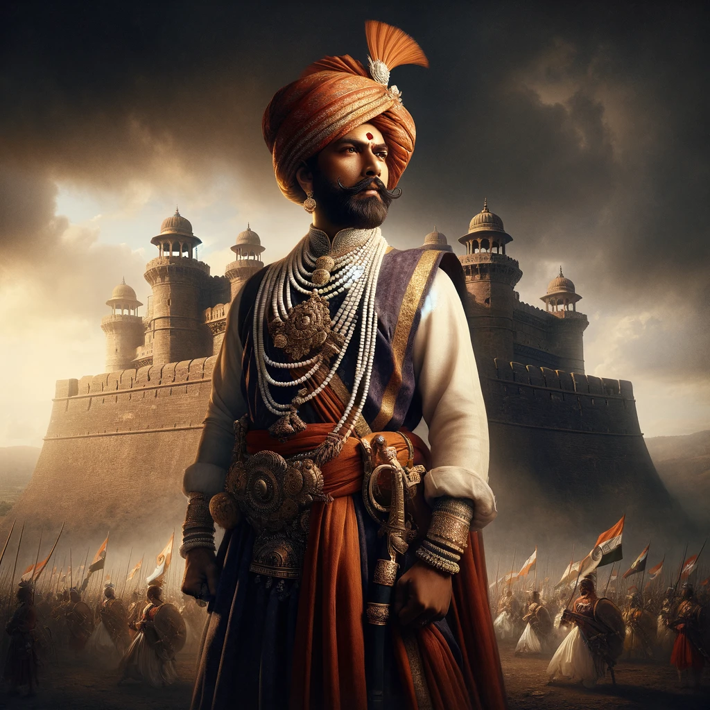 A majestic portrait of Chhatrapati Shivaji Maharaj in traditional Maratha attire, standing with an assertive posture against the backdrop of a fort. T